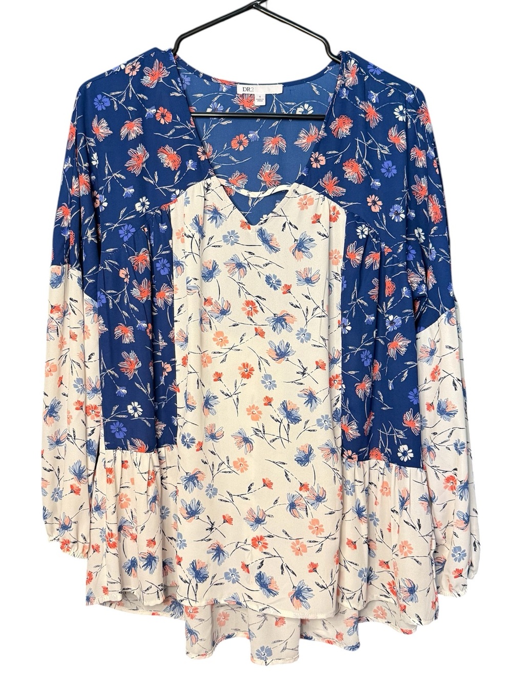 DR2 Floral Patchwork Long Sleeve Tunic - Blue & Cream with Coral Accents